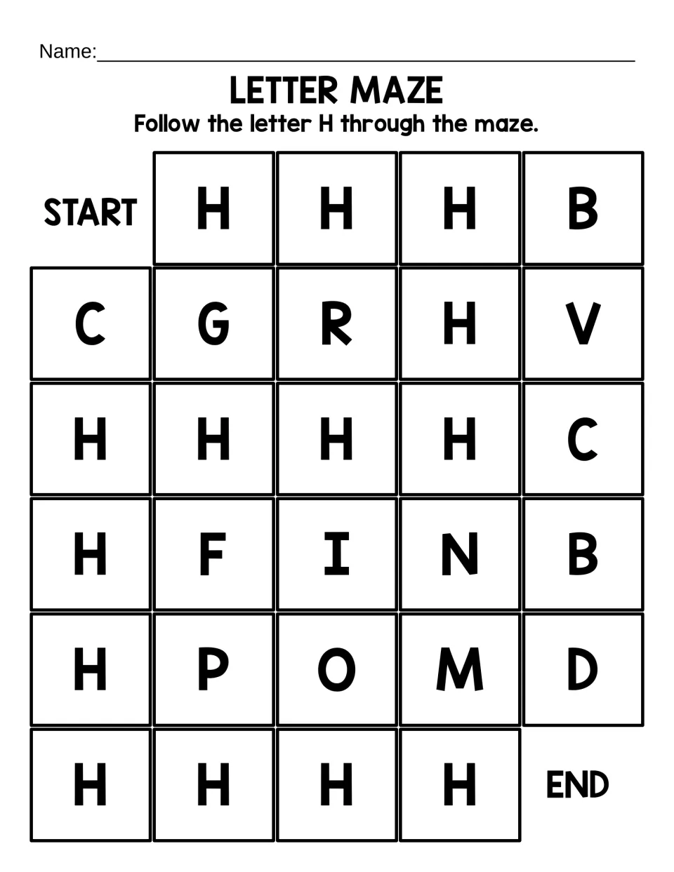 Simpler capital H maze: students trace a short route of large H letters from START to END, skipping letters like G, R and B