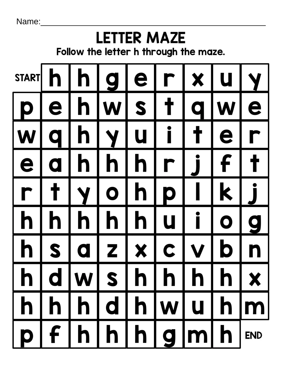 Lowercase h letter maze: students follow lowercase h from START to END, among look-alike letters such as n, b and k