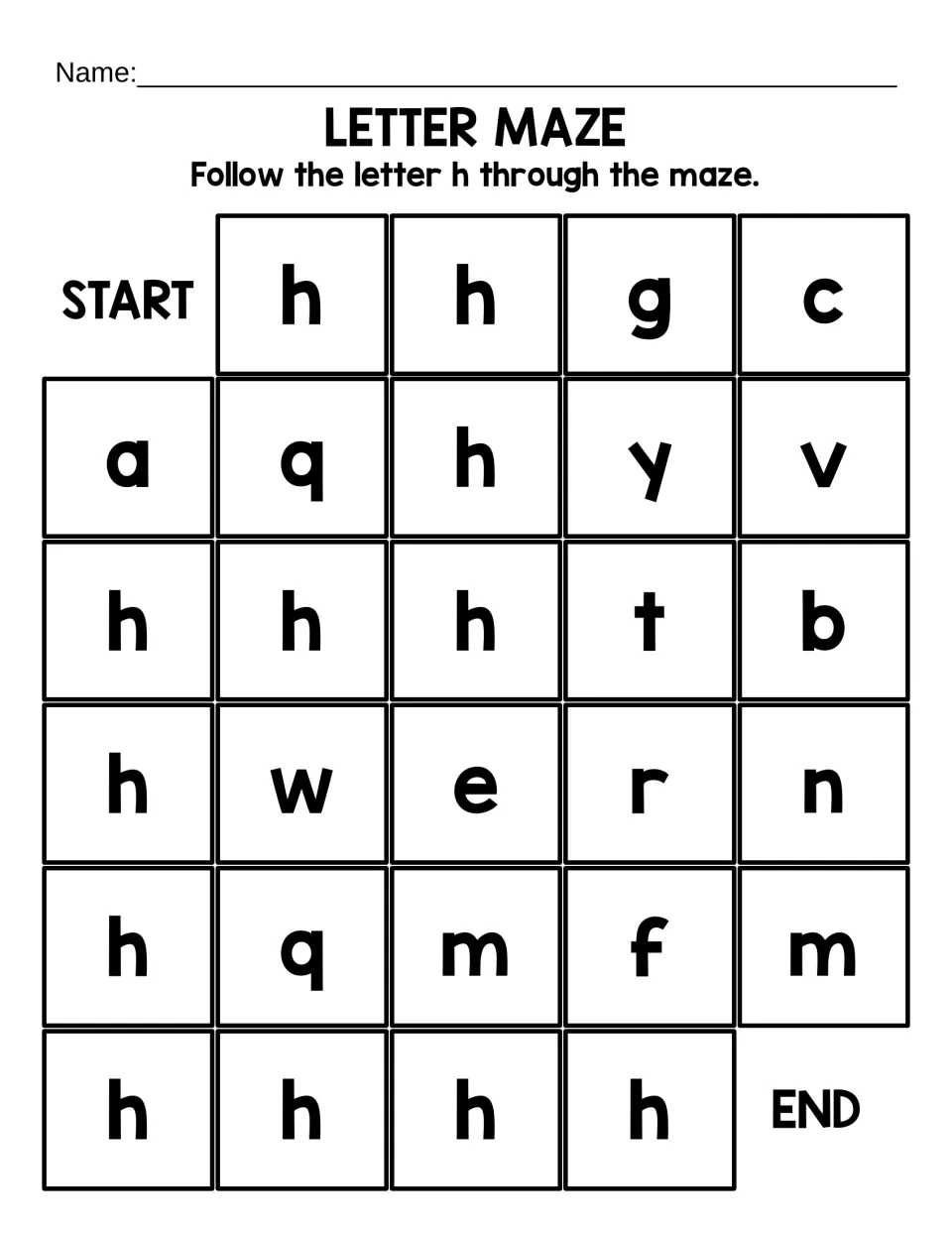 Short lowercase h maze: students trace a path of big lowercase h letters from START to END, avoiding letters like g, q and t