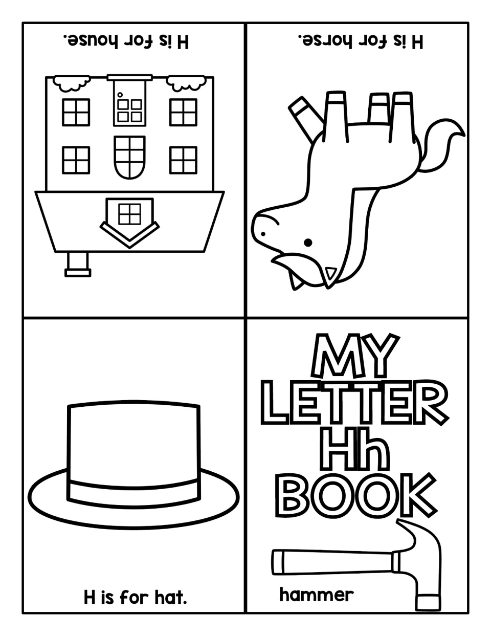 Letter Hh foldable book: children color pictures of a hammer, hat, horse and house and read 'H is for' sentences
