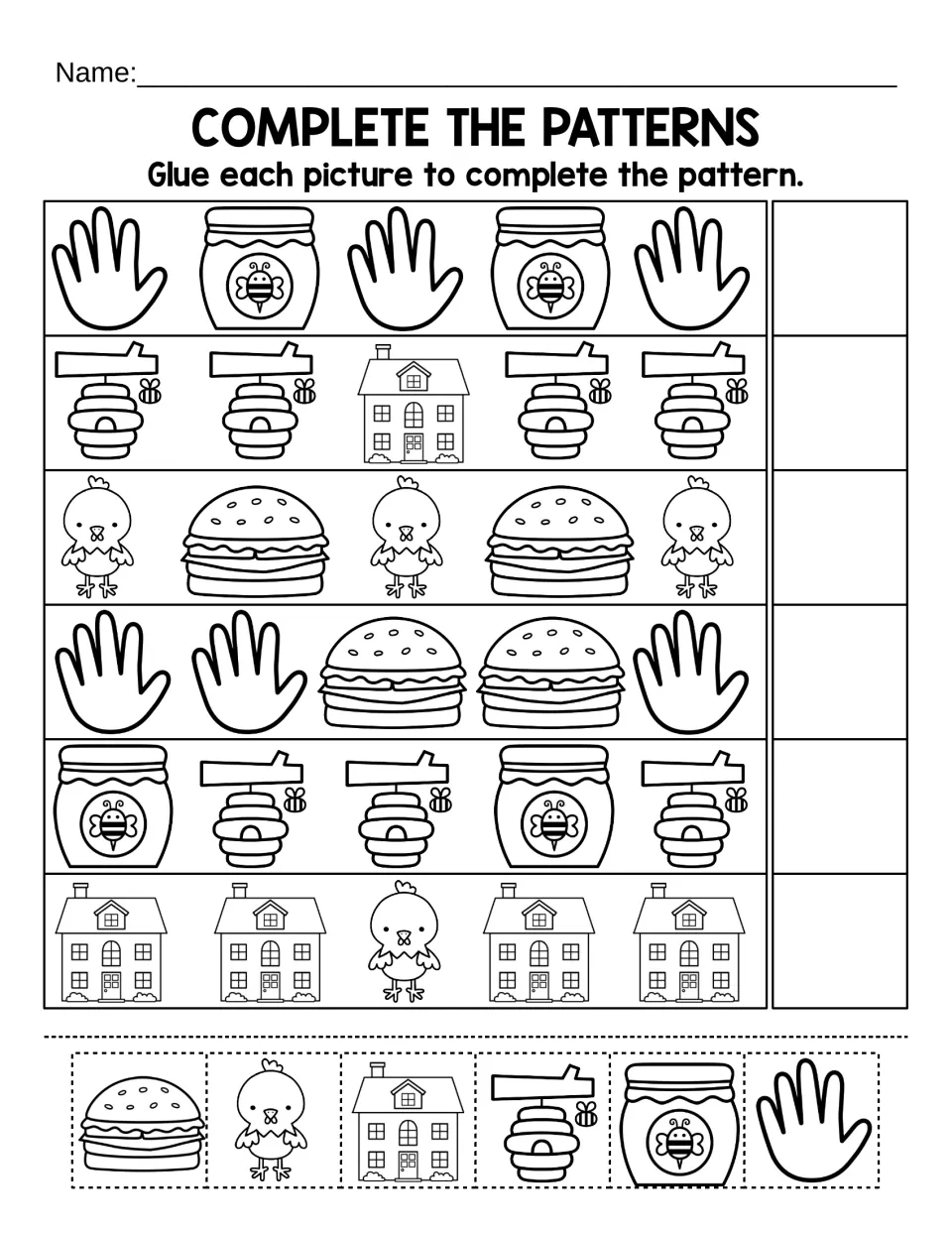 Complete the patterns: students glue hand, honey jar, hive, house, hen or hamburger pictures to end each of 6 rows