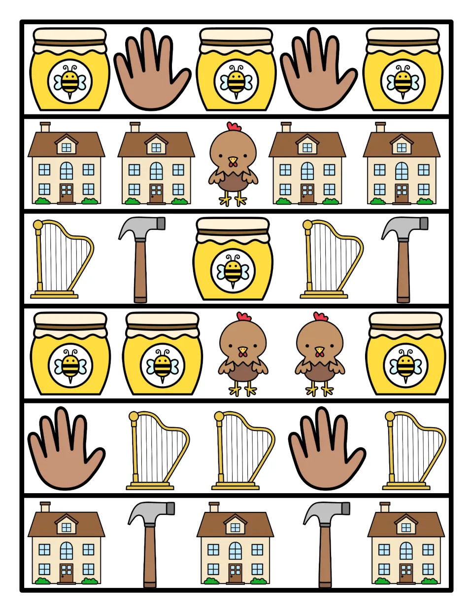 Color pattern strips: 6 rows of H pictures, including honey jar and hand, house and hen, and harp and hammer patterns