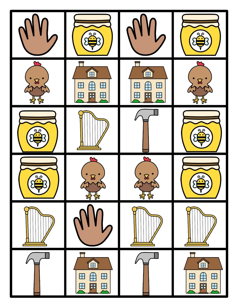 Cut-out pieces: 24 color picture cards of a hand, honey jar, hen, house, harp and hammer for pattern building