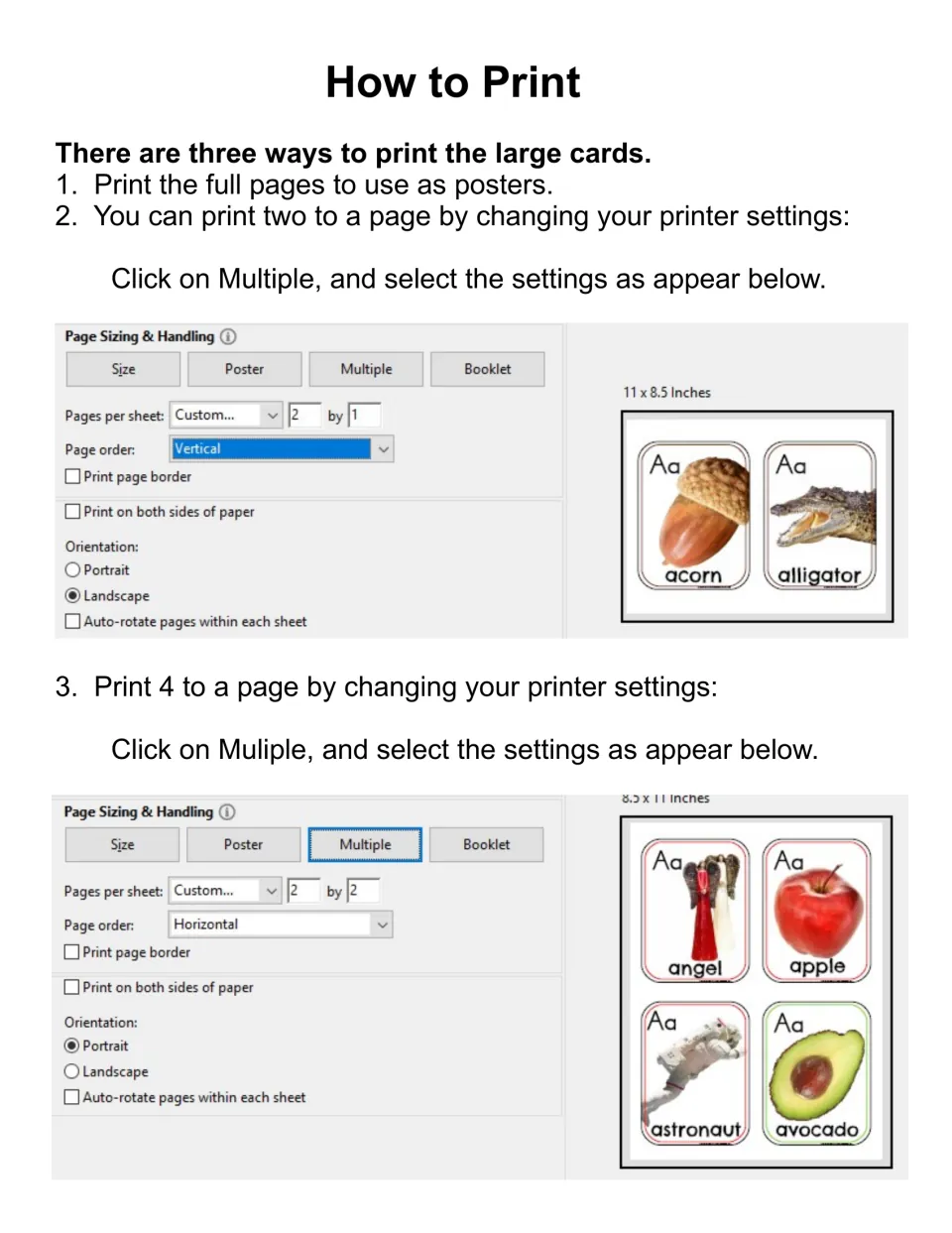 Printing instructions for the letter H posters/cards: print full pages or reduce to two or four per sheet