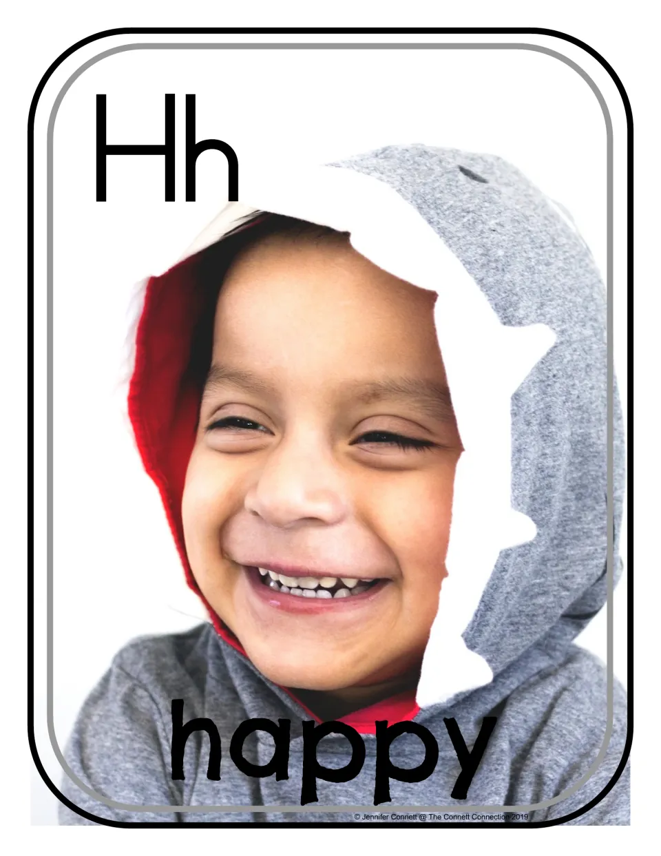 Letter H photograph poster/card 3 of 20, showing uppercase H, lowercase h, and a smiling child labeled 'happy'