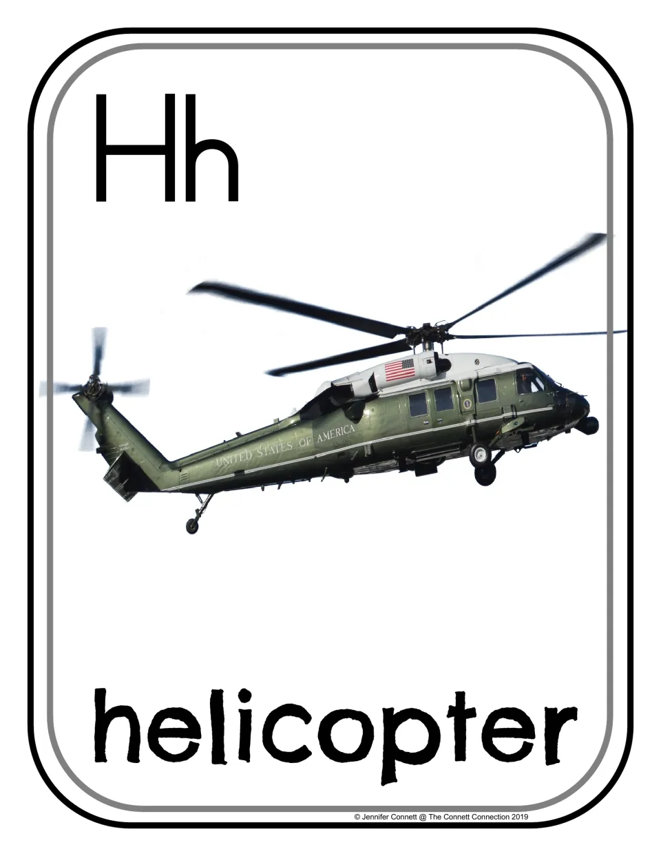 Letter H photograph poster/card 6 of 20, showing uppercase H, lowercase h, and a helicopter labeled 'helicopter'