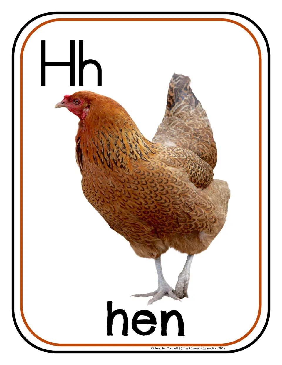 Letter H photograph poster/card 7 of 20, showing uppercase H, lowercase h, and a brown hen labeled 'hen'