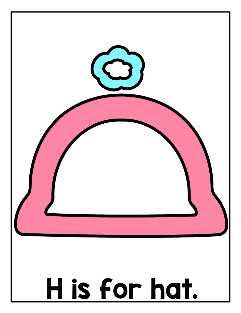 Letter H mat, 'H is for hat.': students roll playdough over a pink hat with a blue pom-pom to link H to its sound