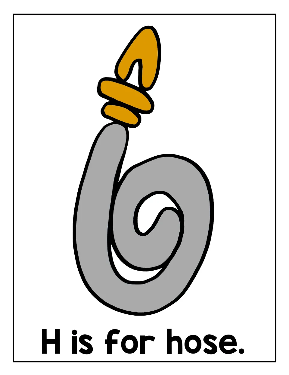 Letter H mat, 'H is for hose.': students form playdough along a coiled gray garden hose with an orange nozzle