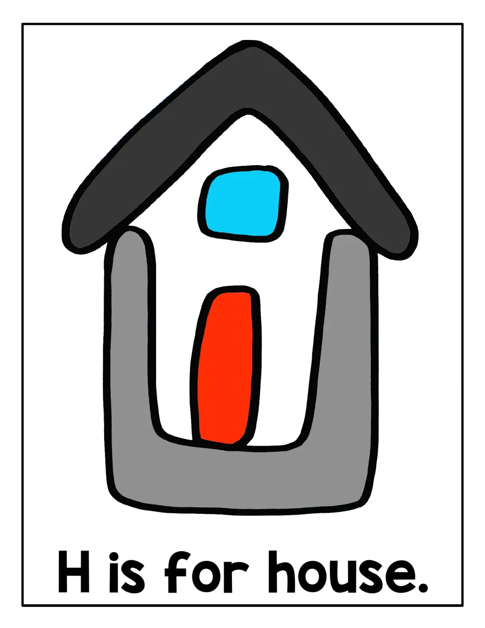 Letter H mat, 'H is for house.': students build a house in playdough with a dark roof, gray walls, blue window, red door