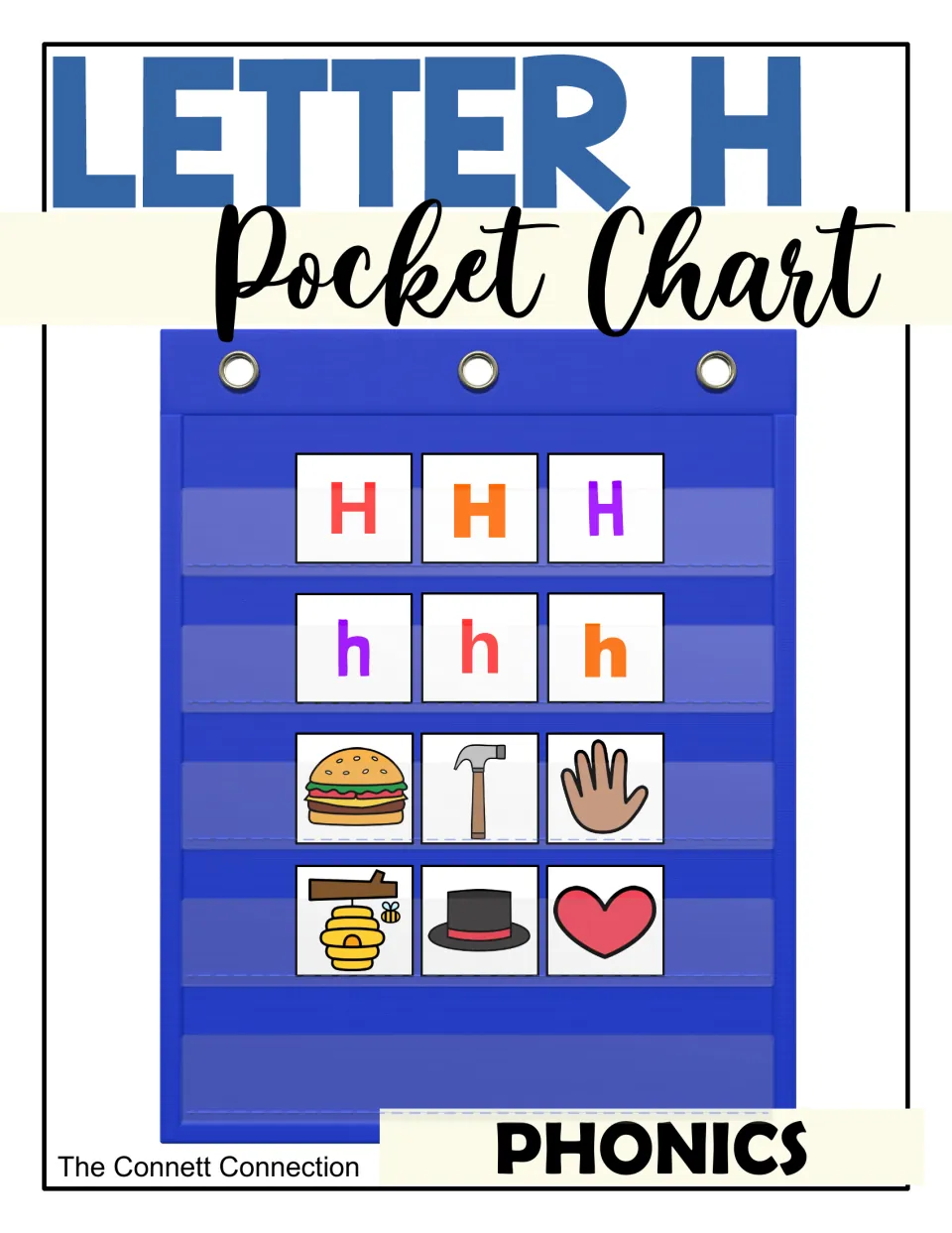 Letter H pocket chart phonics cover: uppercase and lowercase H cards with hamburger, hammer, hand, hive, hat and heart
