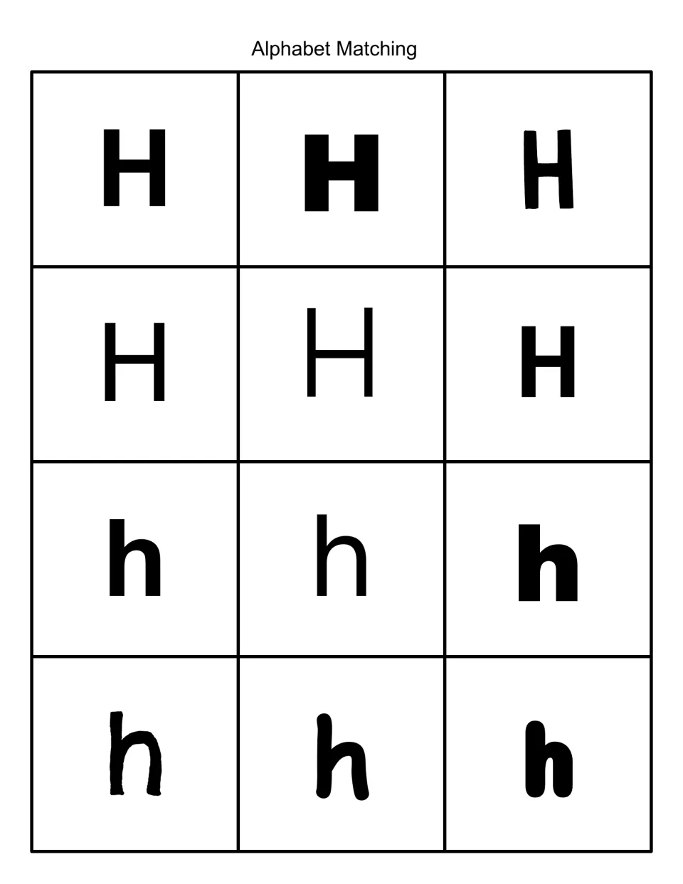 Alphabet Matching: 12 black-and-white cards of uppercase H and lowercase h in different fonts for matching letter forms