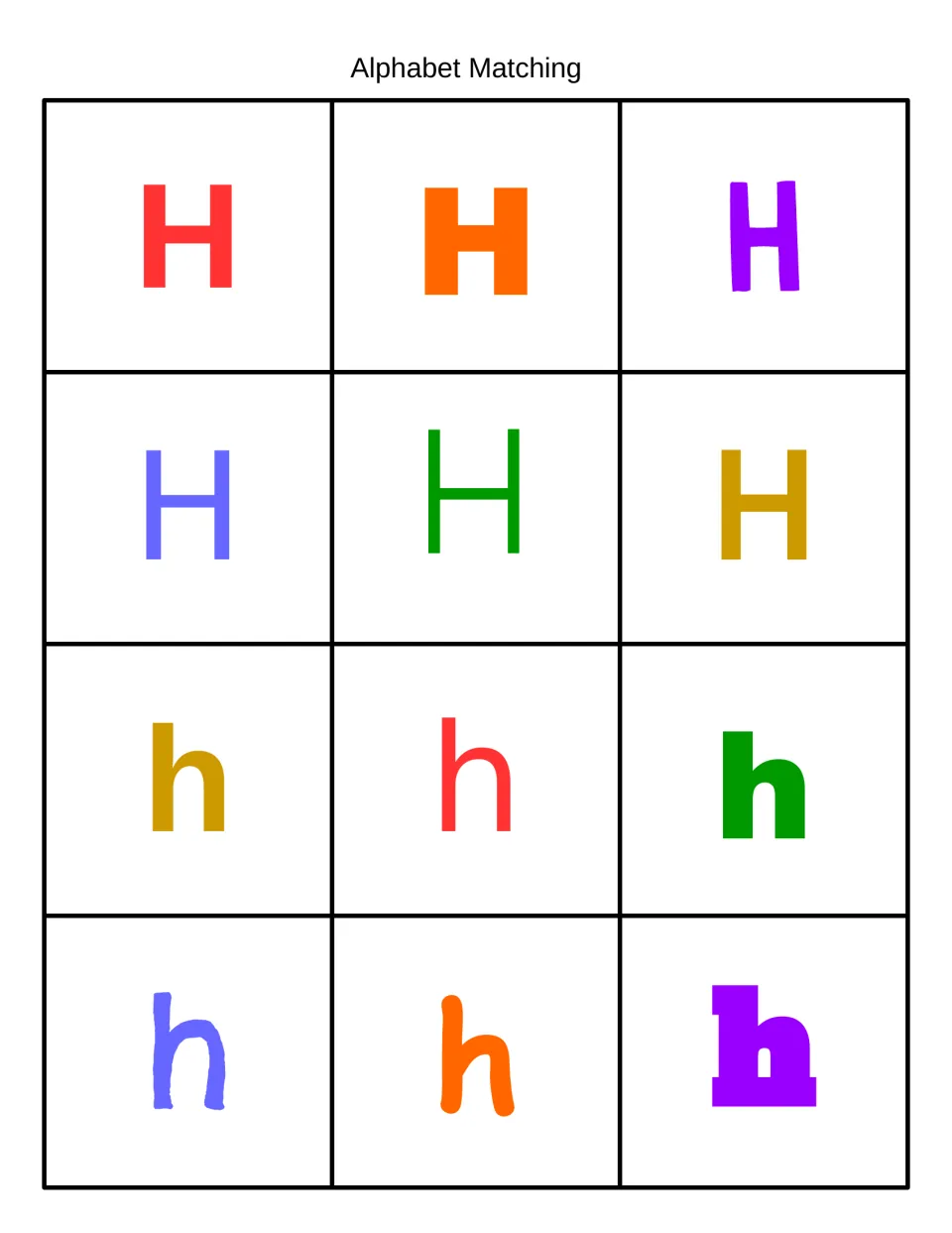 Alphabet Matching in color: 12 cards showing uppercase H and lowercase h in red, orange, purple, blue, green and gold fonts