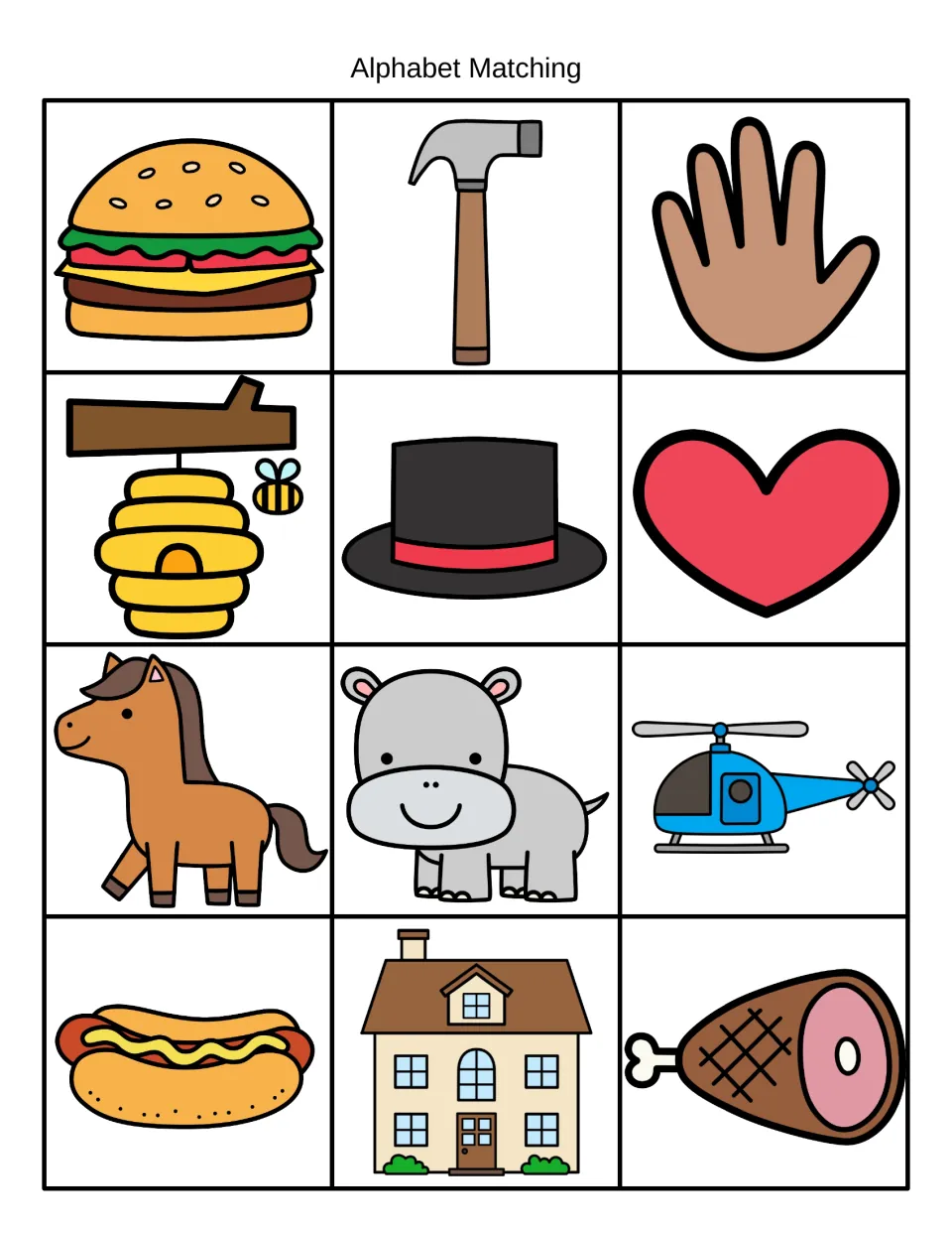 Beginning sound /h/ picture cards: hamburger, hammer, hand, hive, hat, heart, horse, hippo, helicopter, hot dog, house, ham