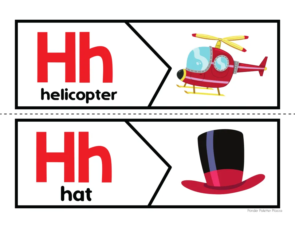 Letter H beginning sound puzzles: students match Hh letter pieces to pictures of a helicopter and a hat