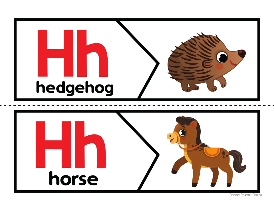 Hh beginning sound matching: students join each Hh word piece to its hedgehog or horse picture piece