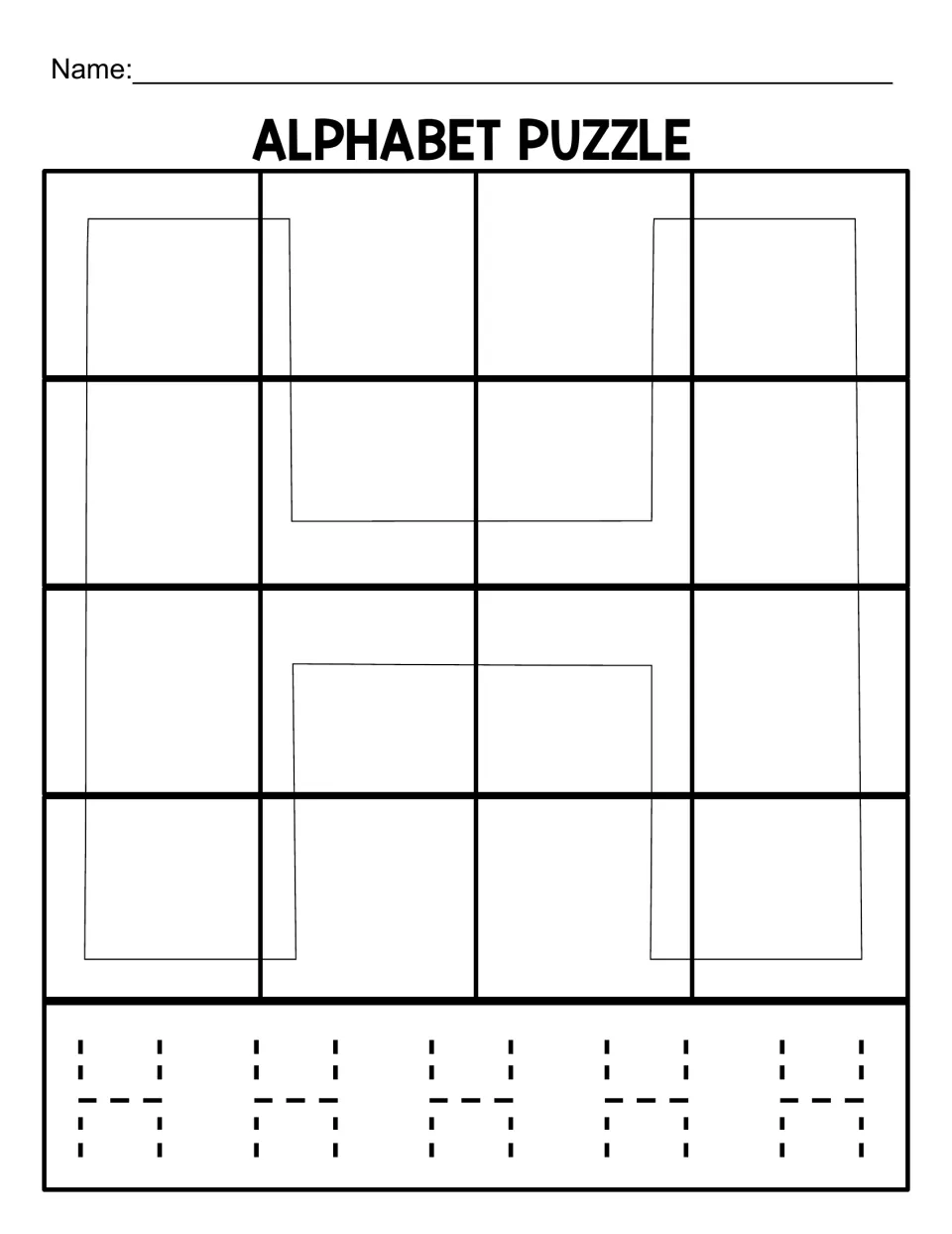Uppercase H puzzle mat for the 16-piece version, with a letter outline and five dotted H letters to trace