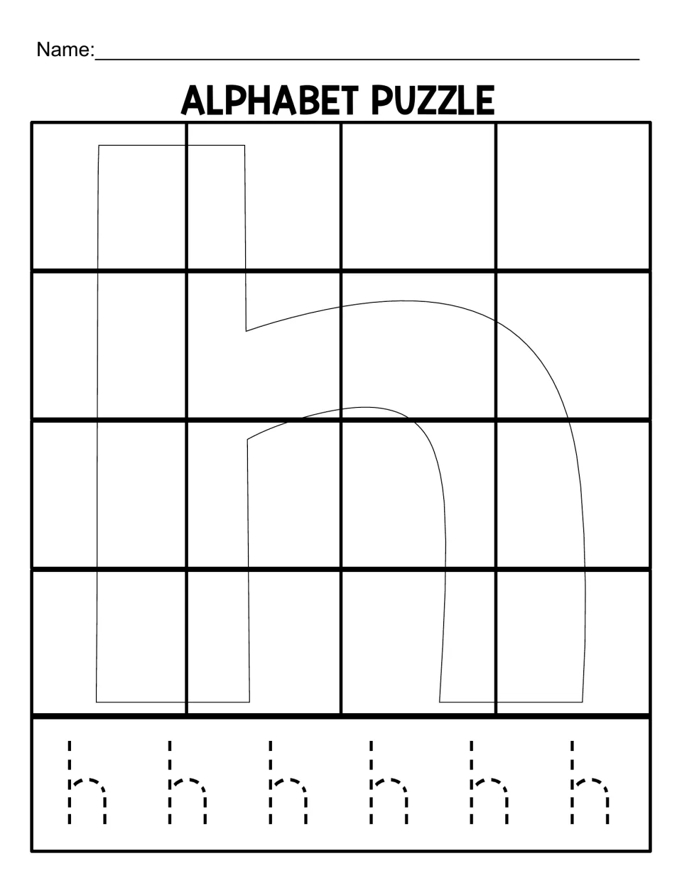 Lowercase h puzzle mat for the 16-piece version, with a letter outline and six dotted h letters to trace