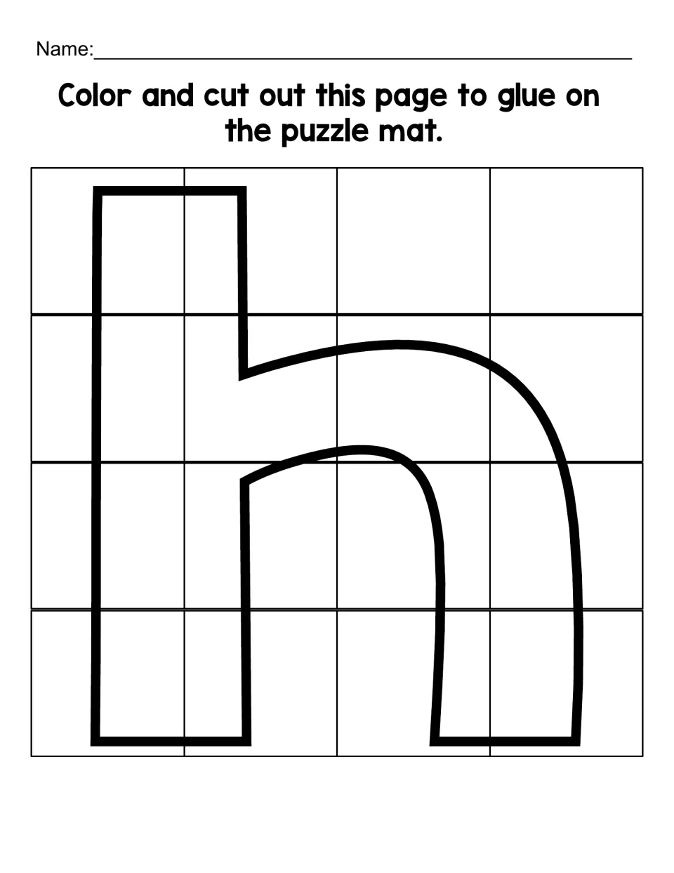 Lowercase h cutout sheet for the 16-piece puzzle, with directions to color, cut, and glue onto the mat
