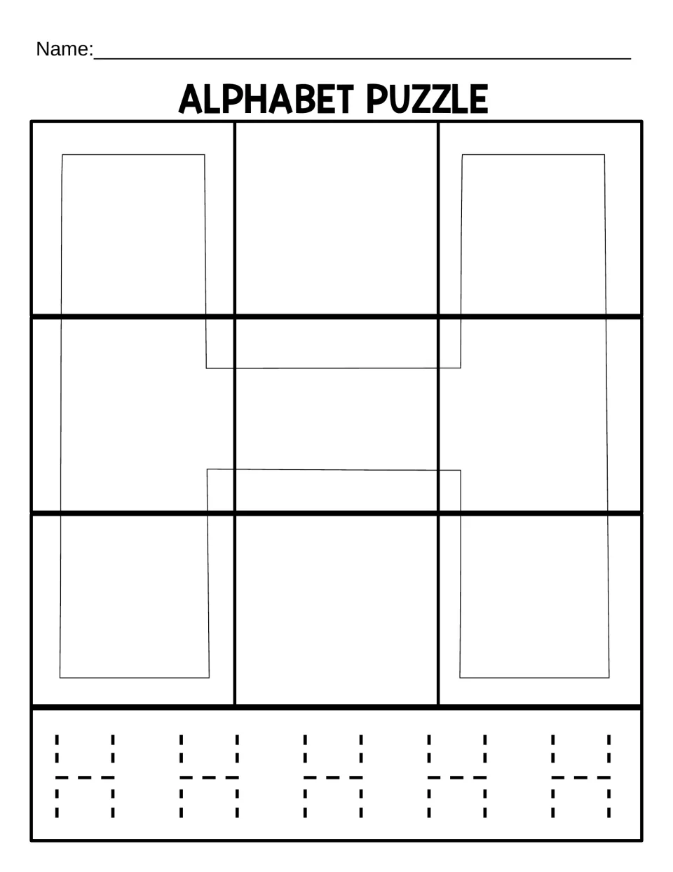 Uppercase H puzzle mat for the 9-piece version, with a letter outline and five dotted H letters to trace