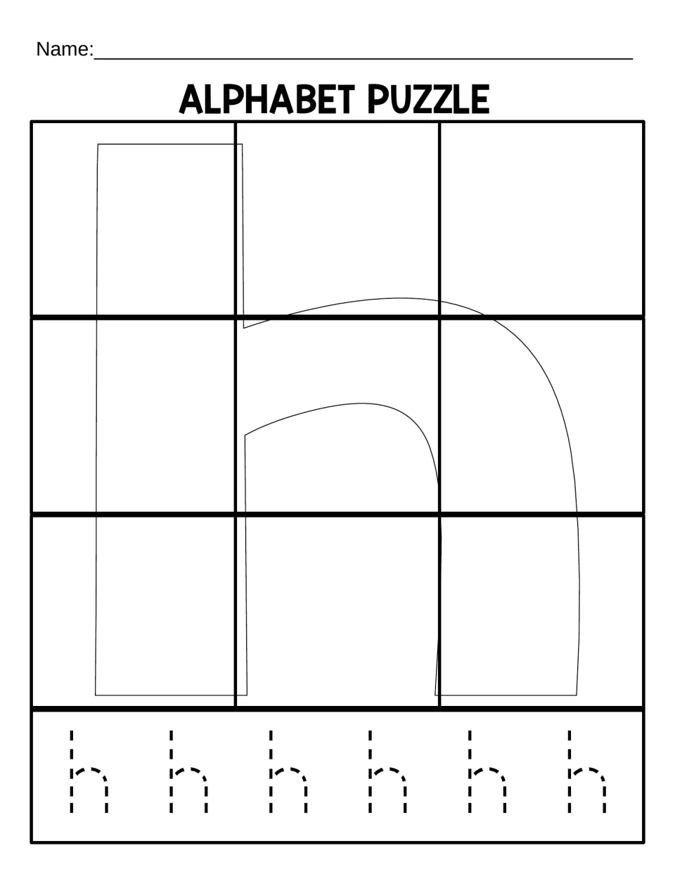 Lowercase h puzzle mat for the 9-piece version, with a letter outline and six dotted h letters to trace