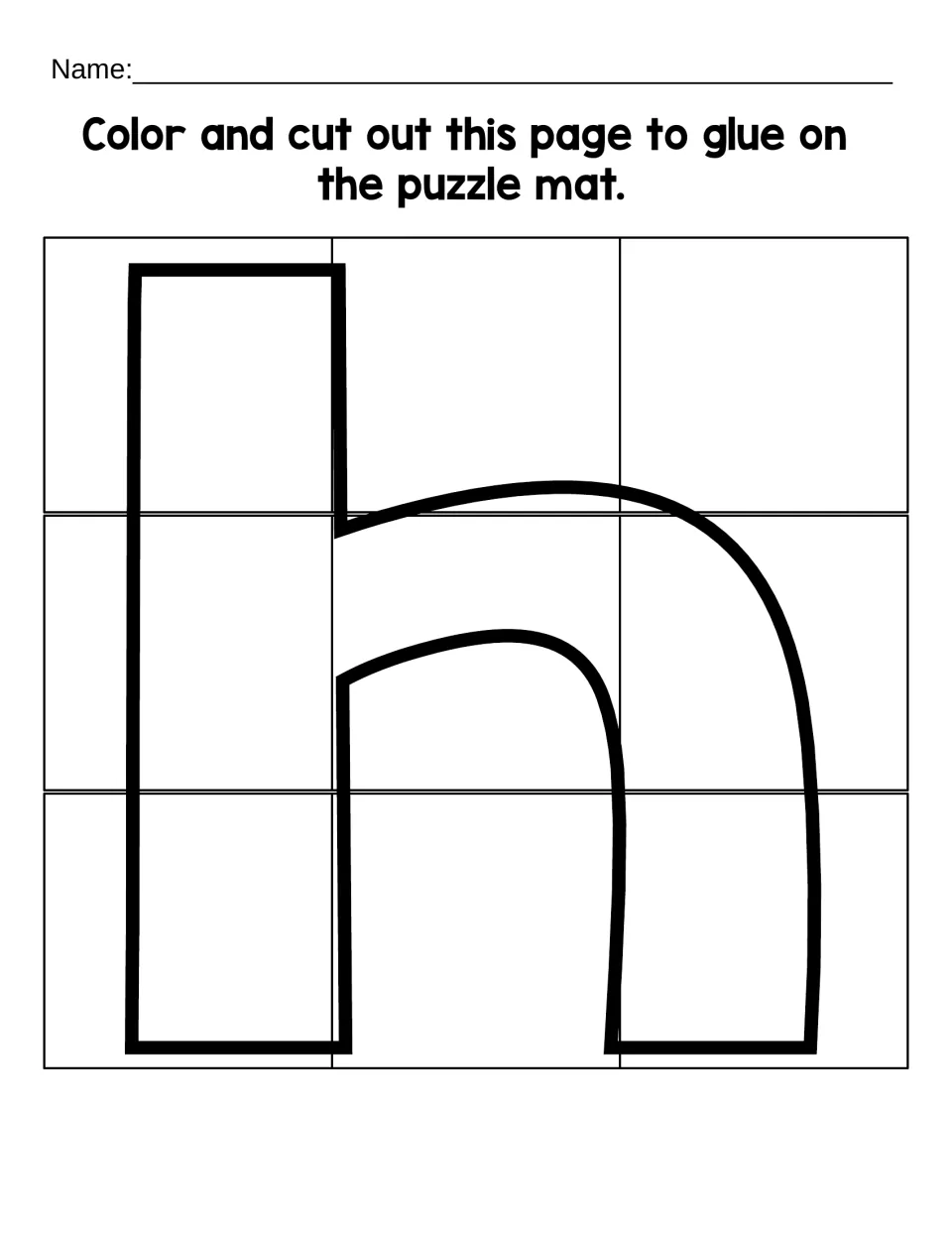 Lowercase h cutout sheet for the 9-piece puzzle, with directions to color, cut, and glue onto the mat
