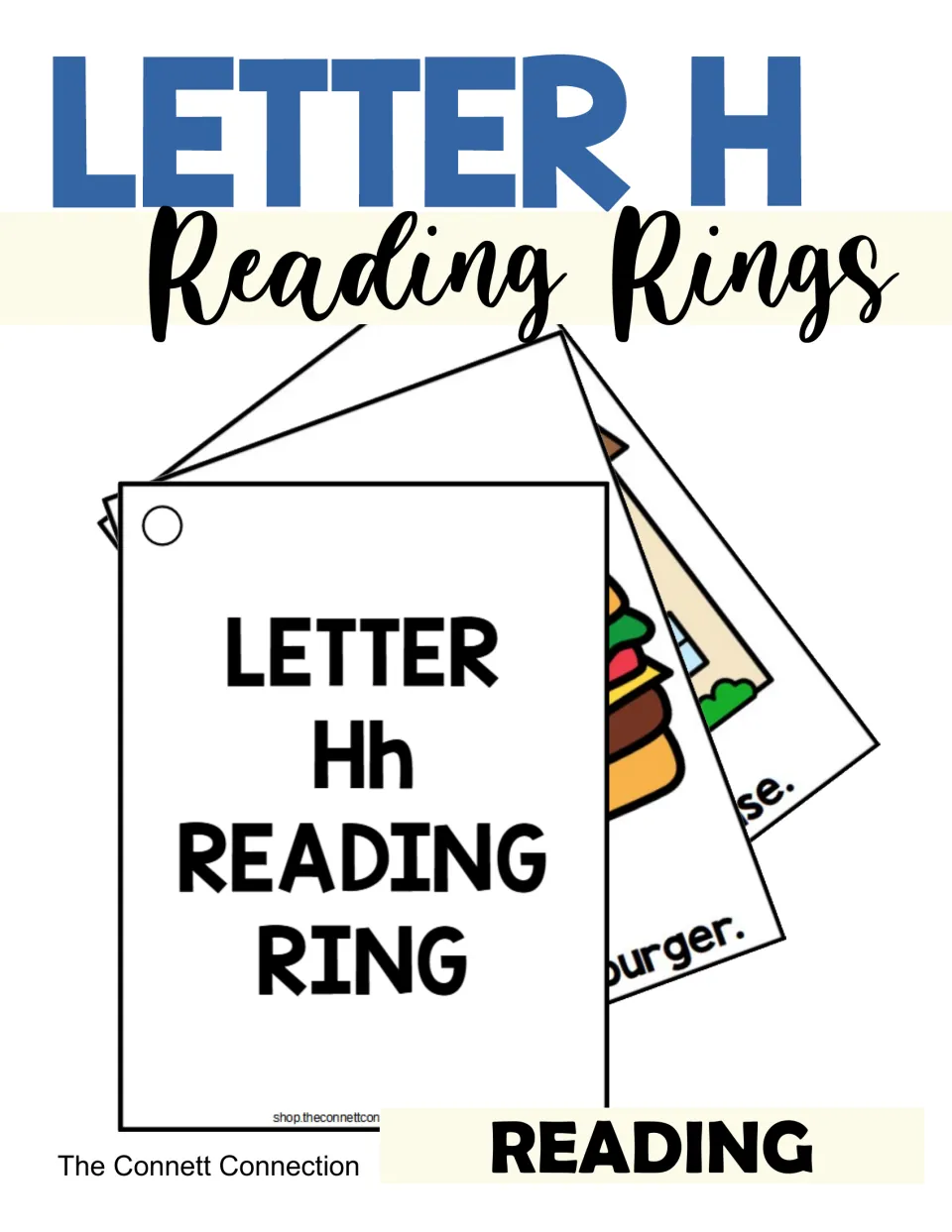 Letter H Reading Rings cover: fanned cards on a ring with a Letter Hh title card and H is for hamburger and house cards