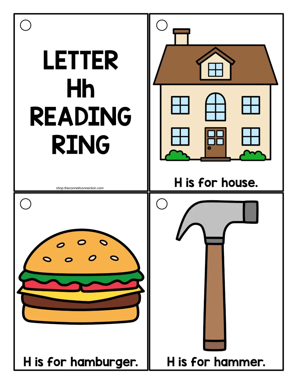Color letter Hh cards: a title card plus picture cards reading H is for house, H is for hamburger and H is for hammer