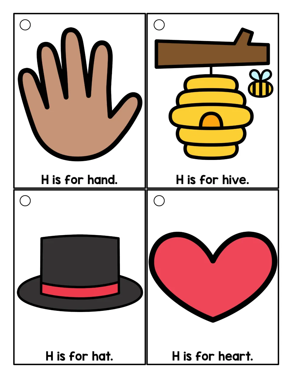 Initial /h/ sound cards in color: students read H is for hand, H is for hive, H is for hat and H is for heart with pictures