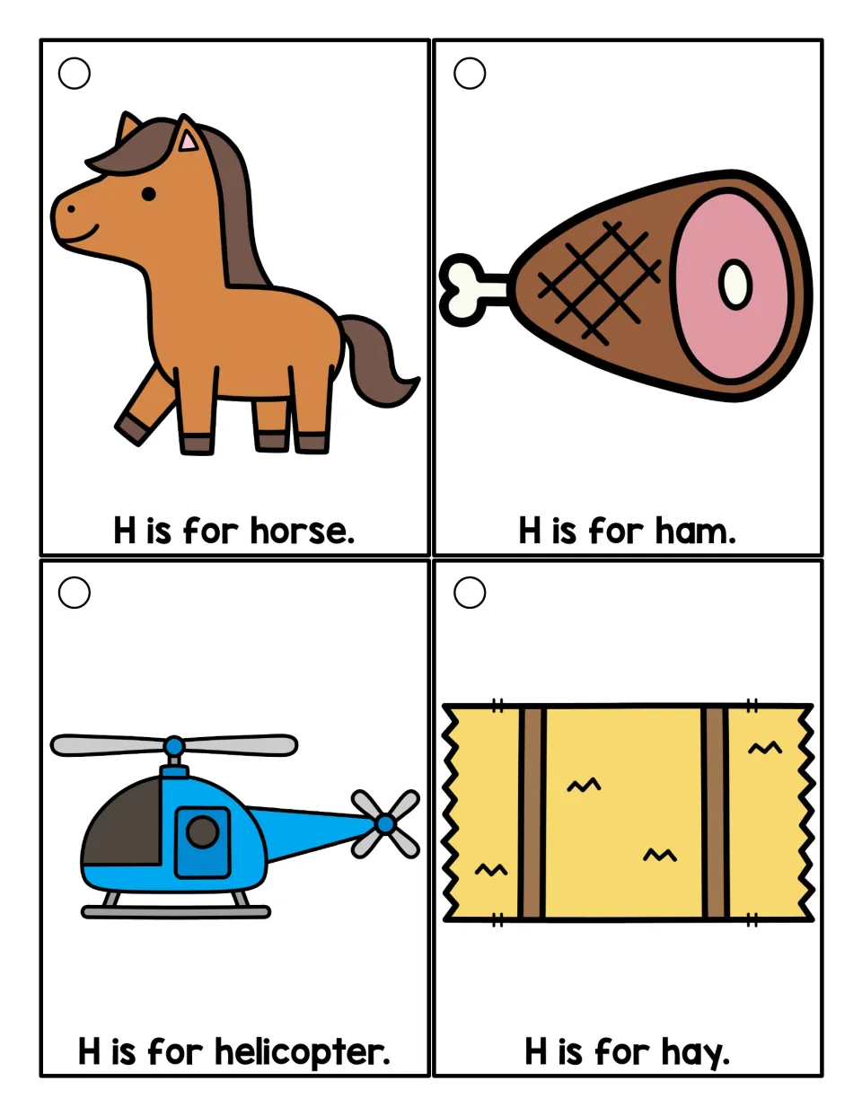 Color /h/ word cards: students read H is for horse, H is for ham, H is for helicopter and H is for hay beside each picture