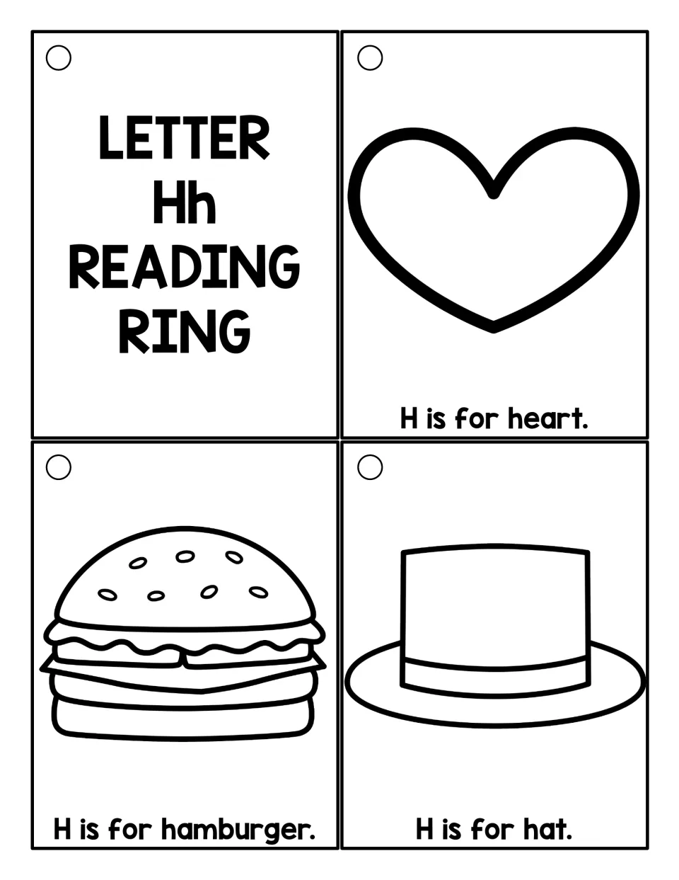 Black-and-white Hh cards: a title card plus outline pictures for H is for heart, H is for hamburger and H is for hat