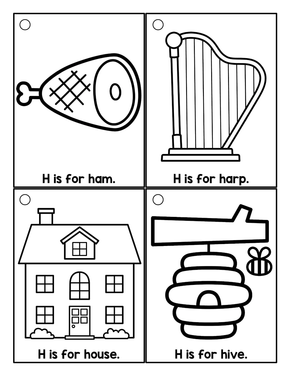 Black-and-white H sentence cards: students read H is for ham, H is for harp, H is for house and H is for hive