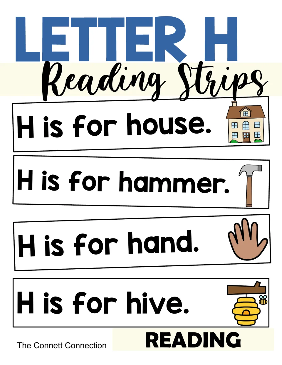 Letter H Reading Strips cover with picture sentences: H is for house, hammer, hand and hive