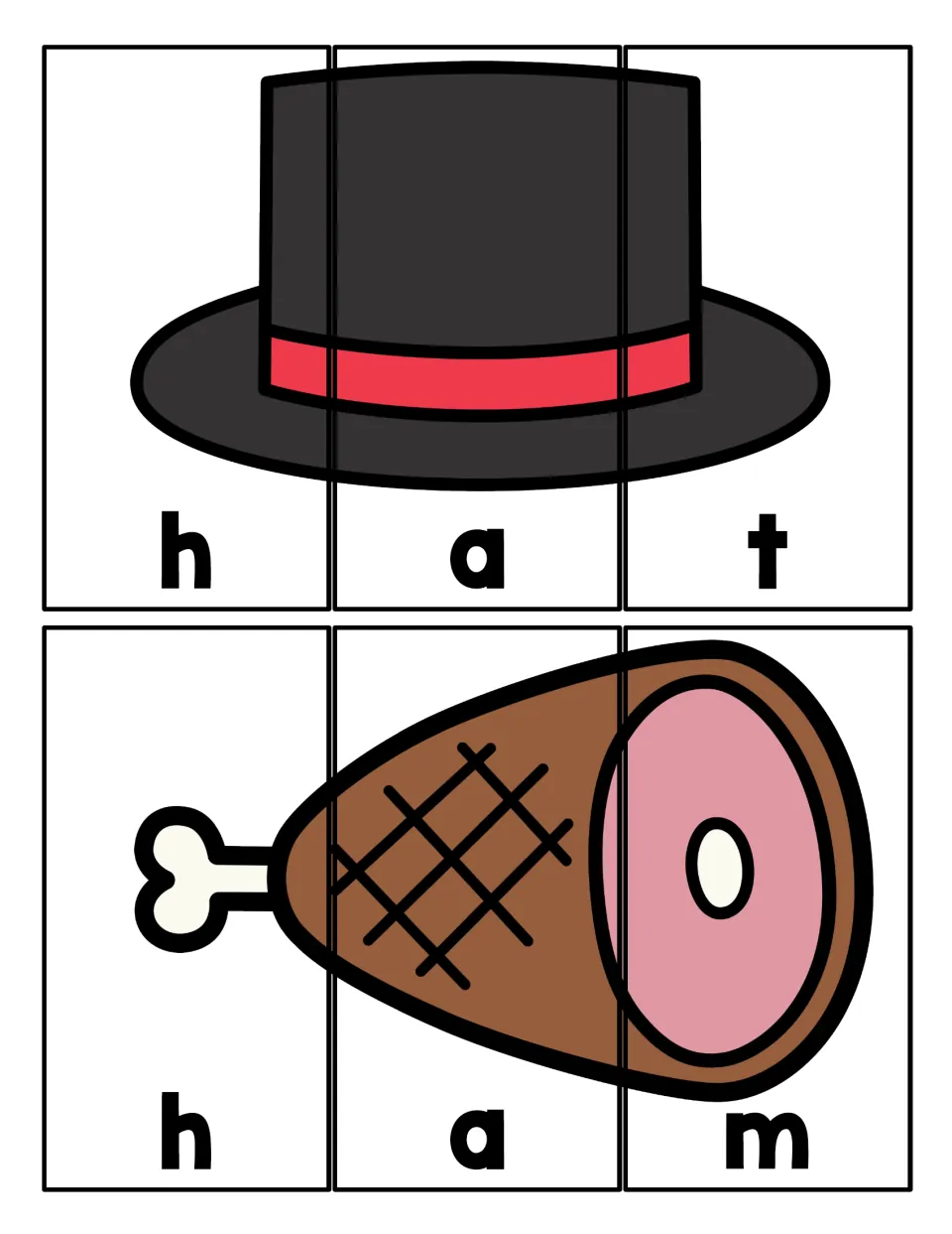 H words hat and ham: students cut apart the letter strips, then rebuild each picture in order to spell h-a-t and h-a-m