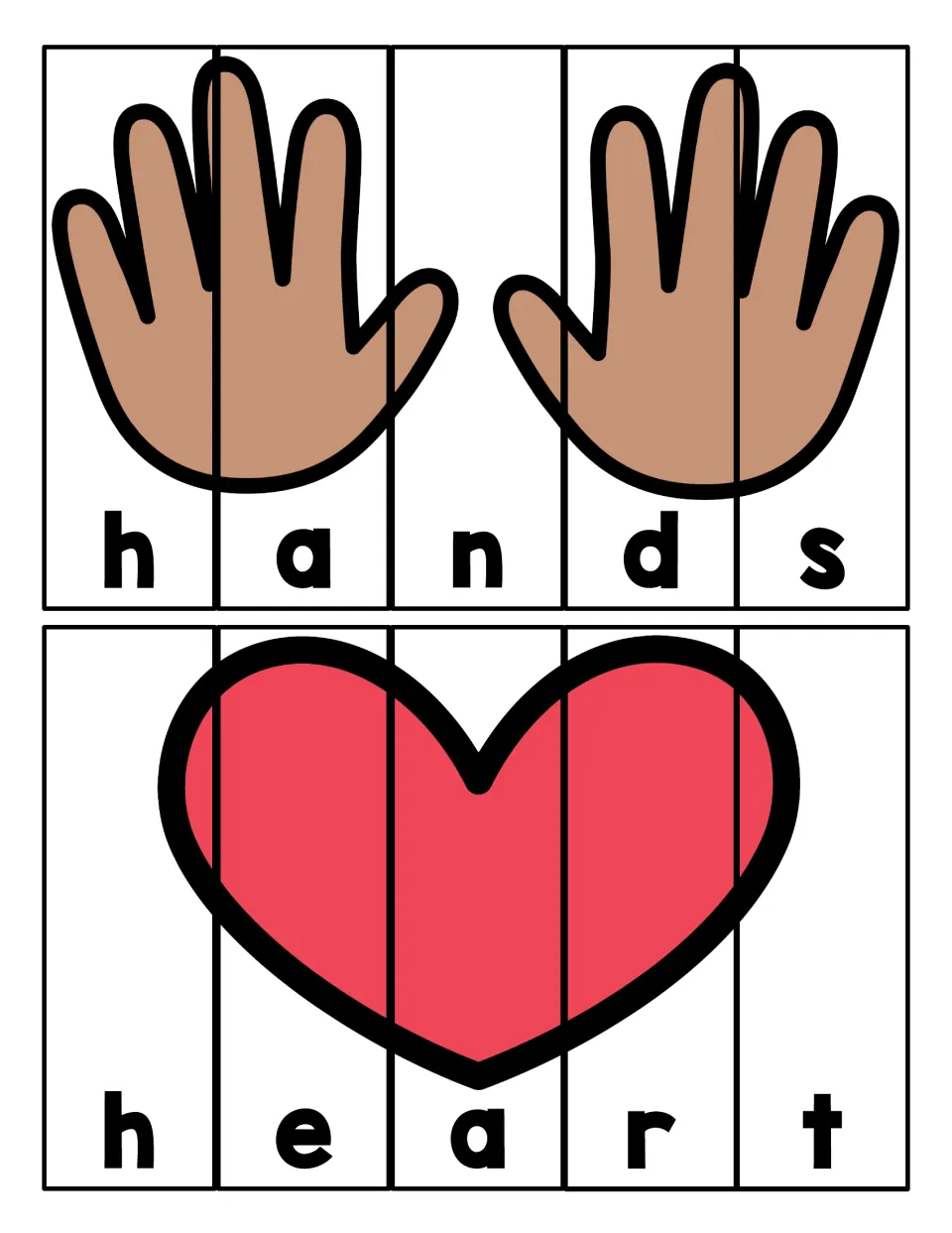 H words hands and heart: students order five letter strips to rebuild each picture and spell h-a-n-d-s and h-e-a-r-t