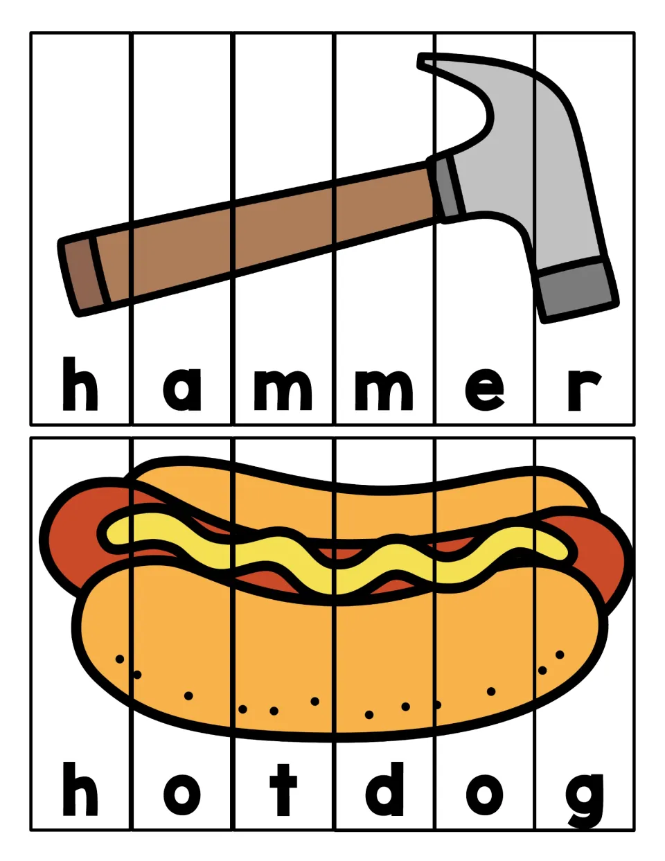 H words hammer and hot dog: students sequence six letter strips per picture to spell h-a-m-m-e-r and h-o-t-d-o-g