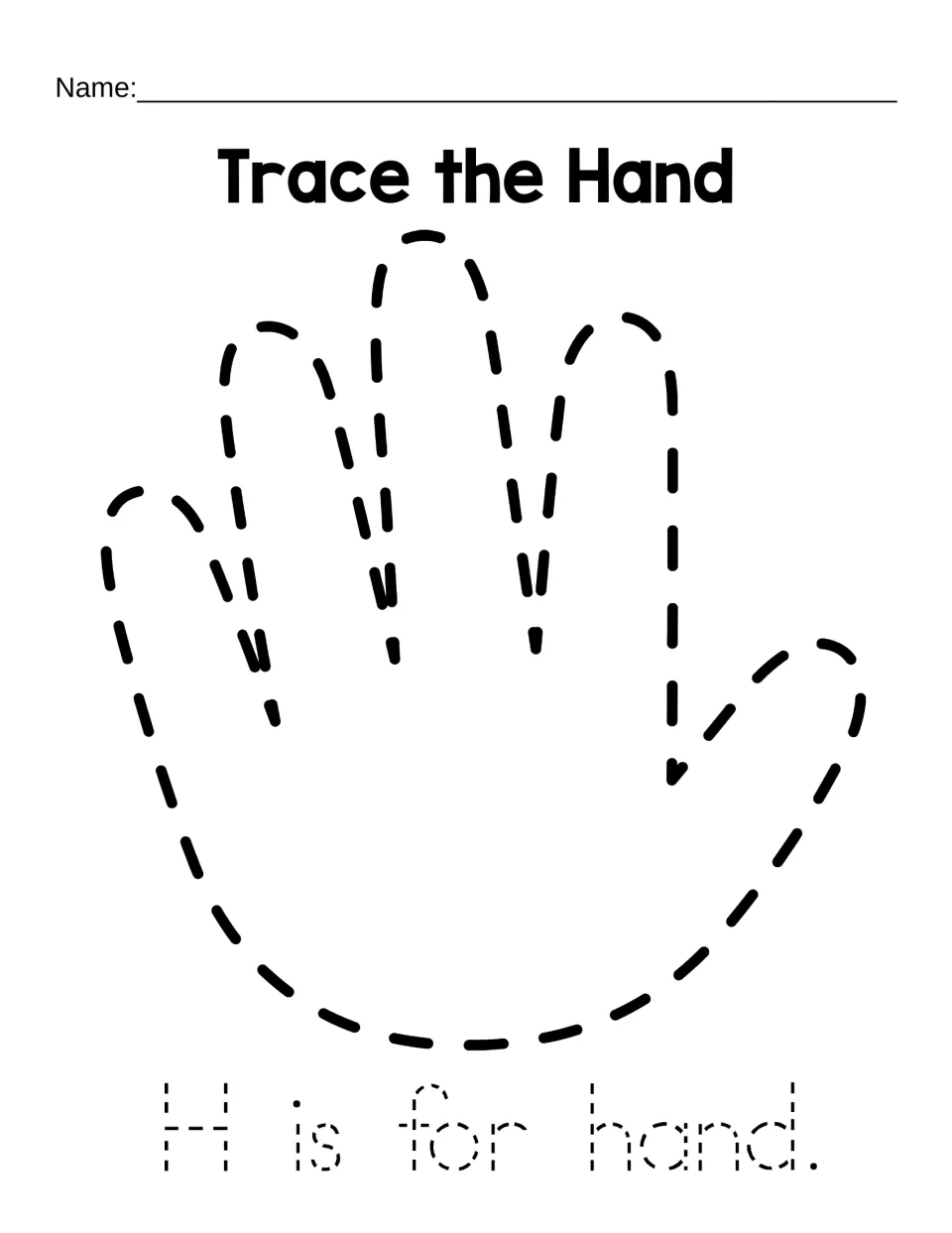 Trace the Hand: students trace a dotted hand outline, then trace the sentence H is for hand to practise writing letter H