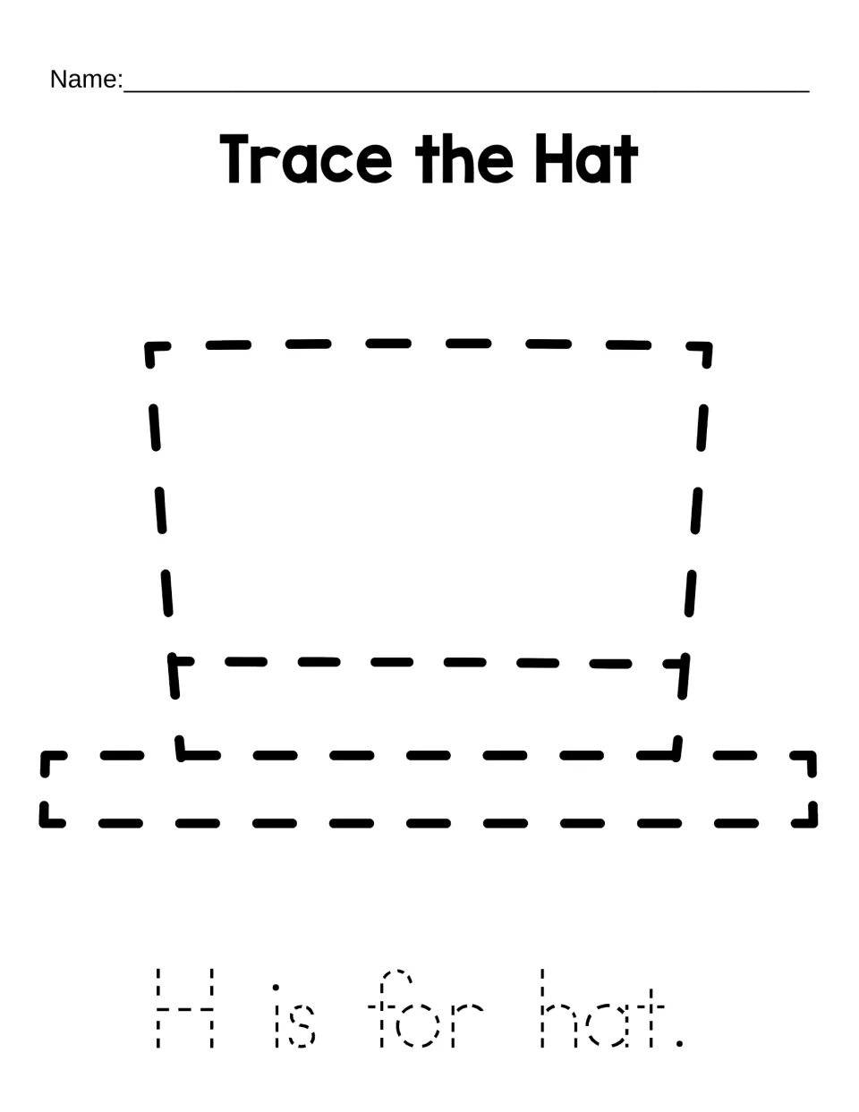 Trace the Hat: students trace a dotted top hat shape and the sentence H is for hat to practise forming the letter H