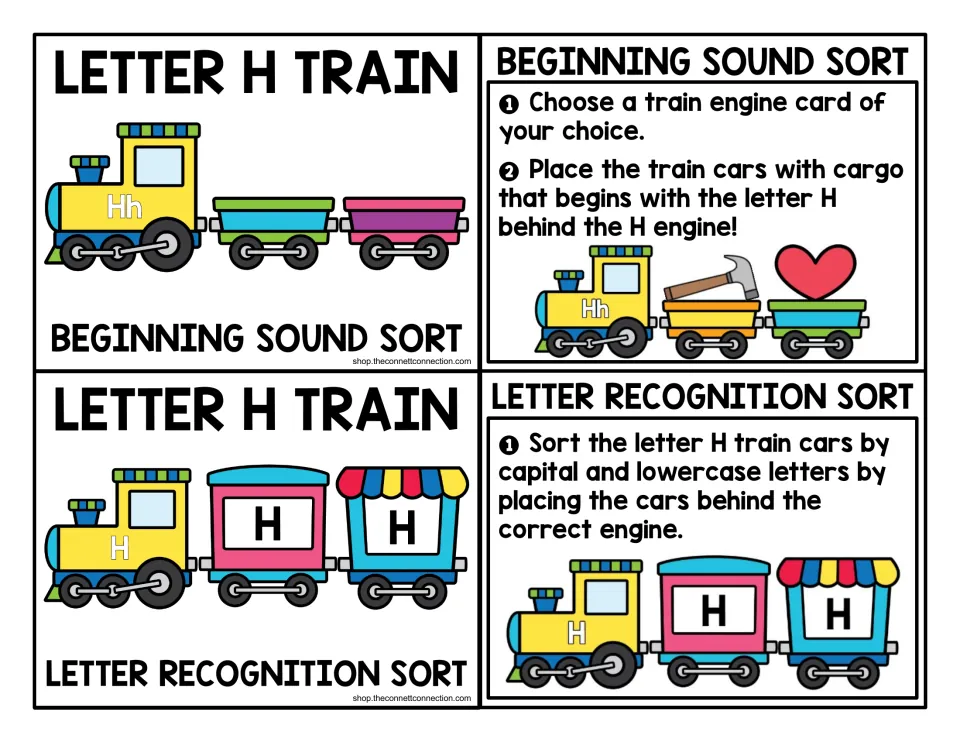 Letter H train center cards: beginning sound sort and letter recognition sort, with steps for matching cars to the H engine