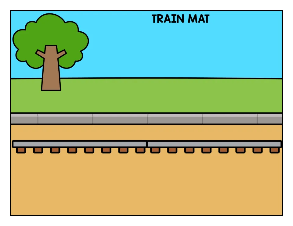 Train mat with a tree, grass, sidewalk and a track on dirt where students line up an engine and cars during the sorts