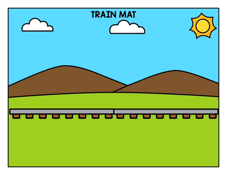 Train mat with brown hills, a sun and clouds above a track where students set the H engine and cargo cars in a row