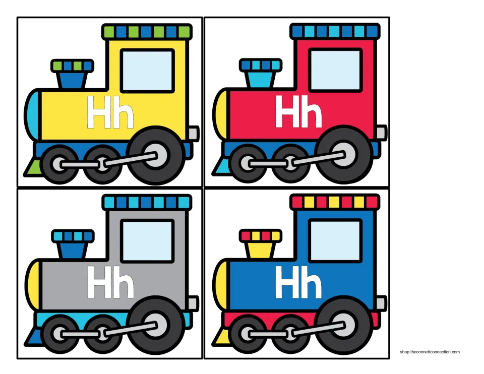 Four train engine cards in yellow, red, gray and blue, each labeled Hh, for leading the beginning sound sort