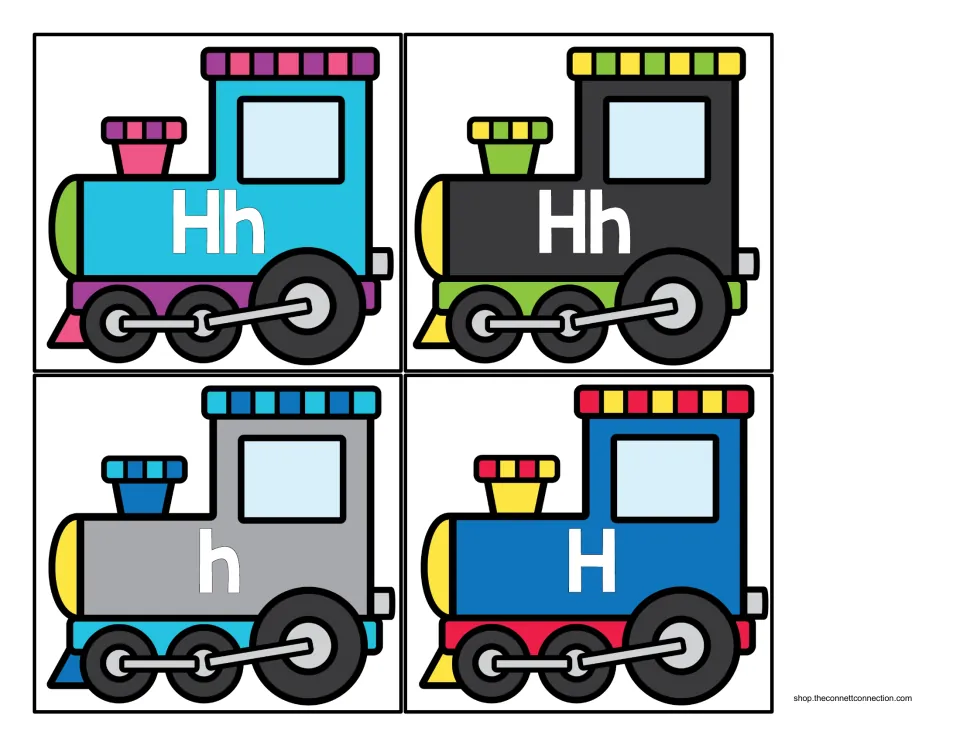Engine cards: two marked Hh plus one lowercase h and one capital H engine, used to sort capital and lowercase letter cars