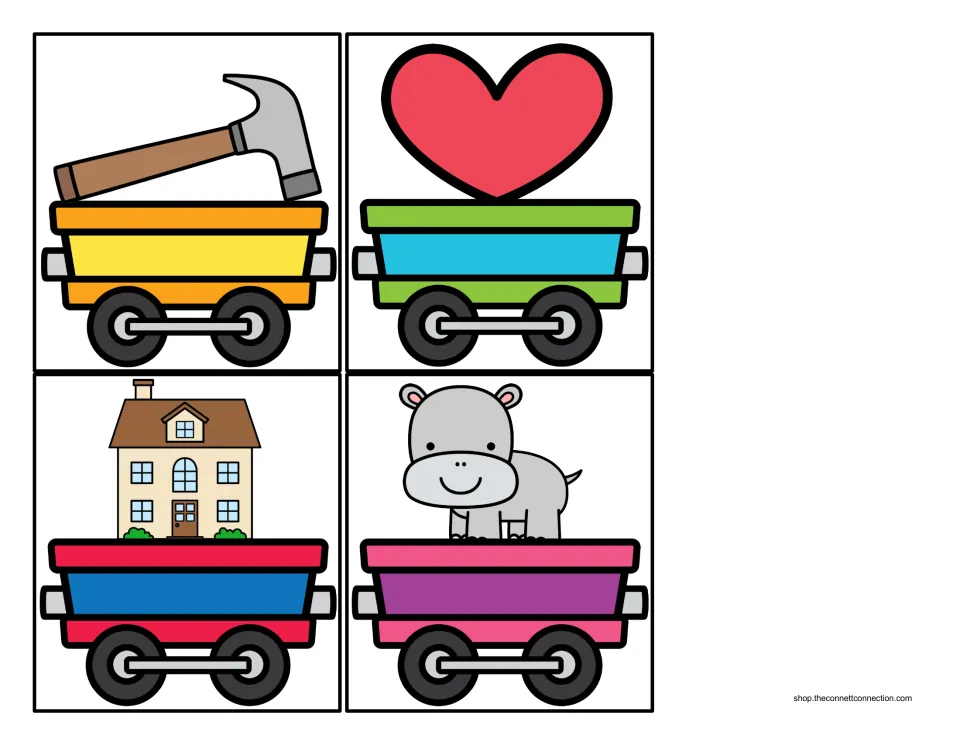 Beginning sound cargo cards: train cars carrying a hammer, heart, house and hippo, all starting with the H sound