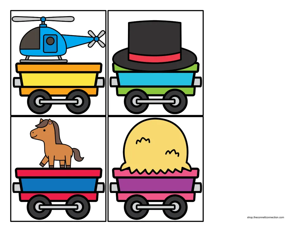 More H sound cargo cars showing a helicopter, top hat, horse and a pile of hay for children to place behind the engine