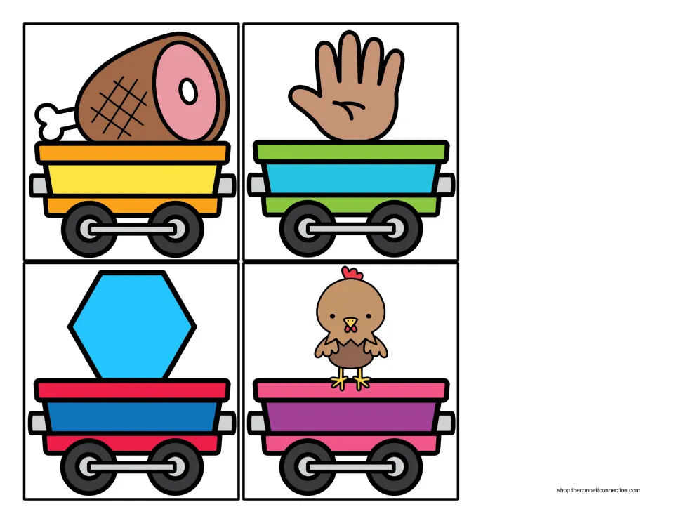 Cargo car cards with a ham, hand, hexagon and hen, pictures starting with H for children to sort by sound