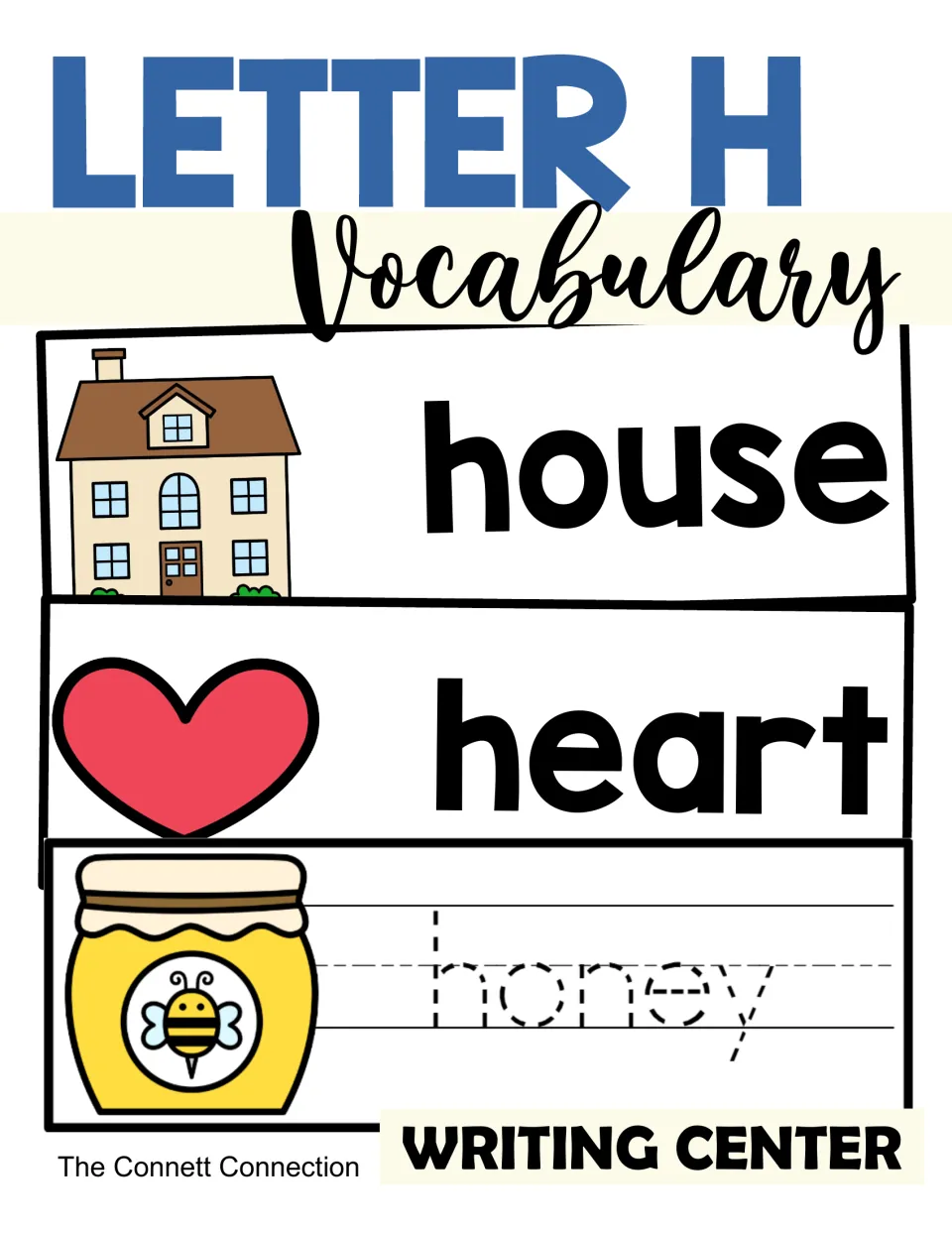 Letter H Vocabulary writing center cover: picture word cards for house and heart, plus a tracing card for honey