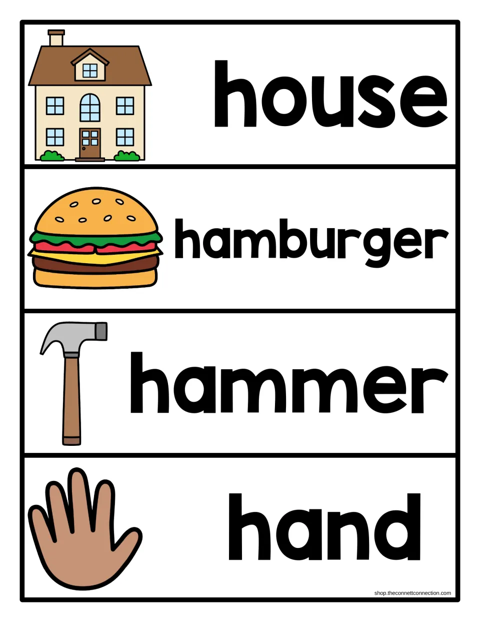 Letter H picture word cards: house, hamburger, hammer and hand, each bold word shown beside a matching illustration