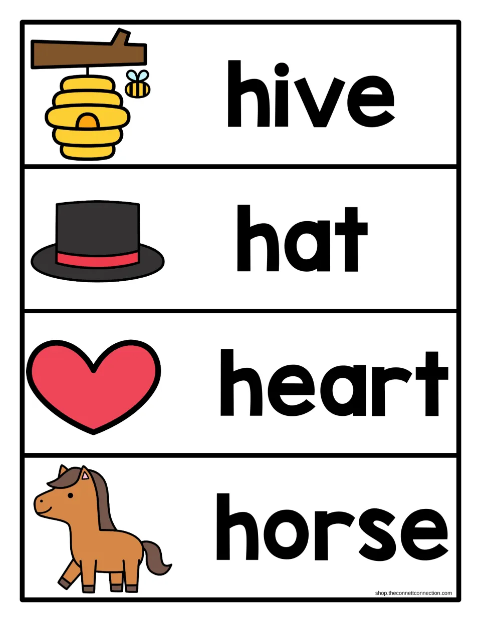Initial h sound word cards for hive, hat, heart and horse, each pictured next to its printed word for reading practice