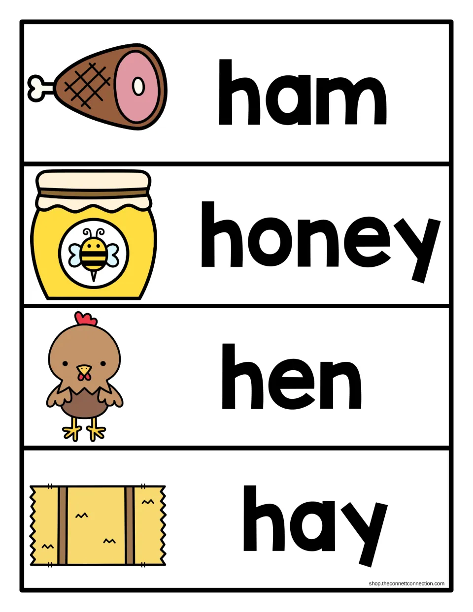 More h words on picture cards: ham, honey, hen and hay, each with a clip-art image beside the word in large print